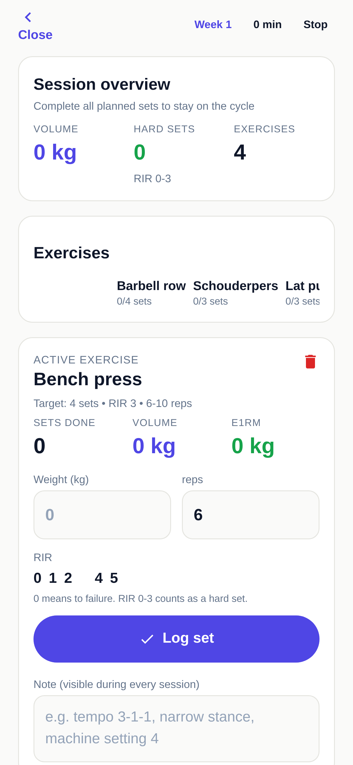 Workout screen